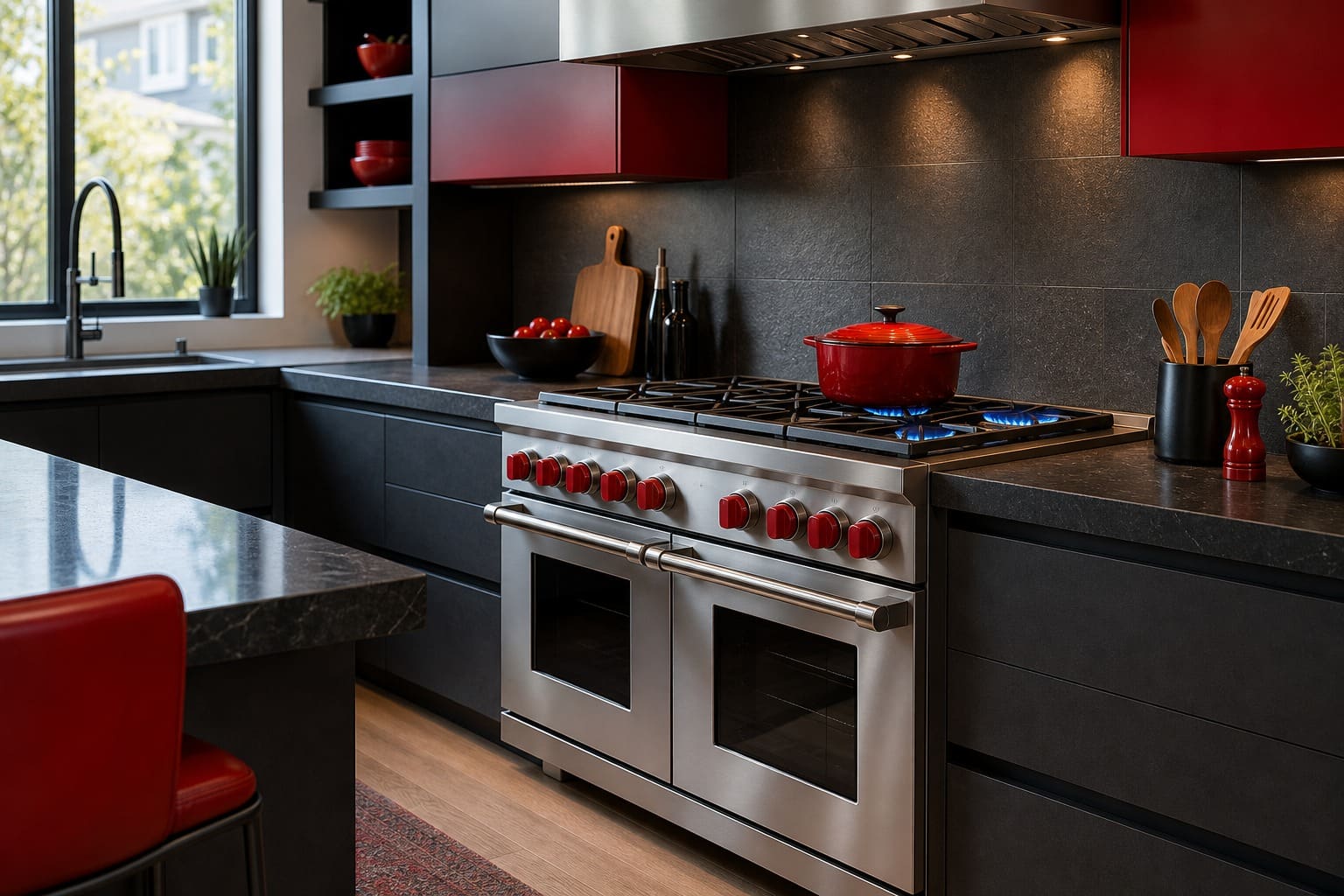 Stainless Wolf dual-fuel range in a Santa Clara kitchen