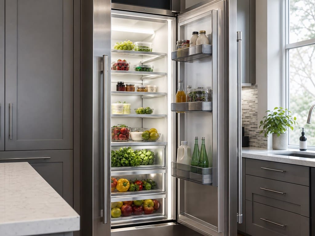 Open stainless built-in Sub-Zero refrigerator column being serviced in a Santa Clara kitchen