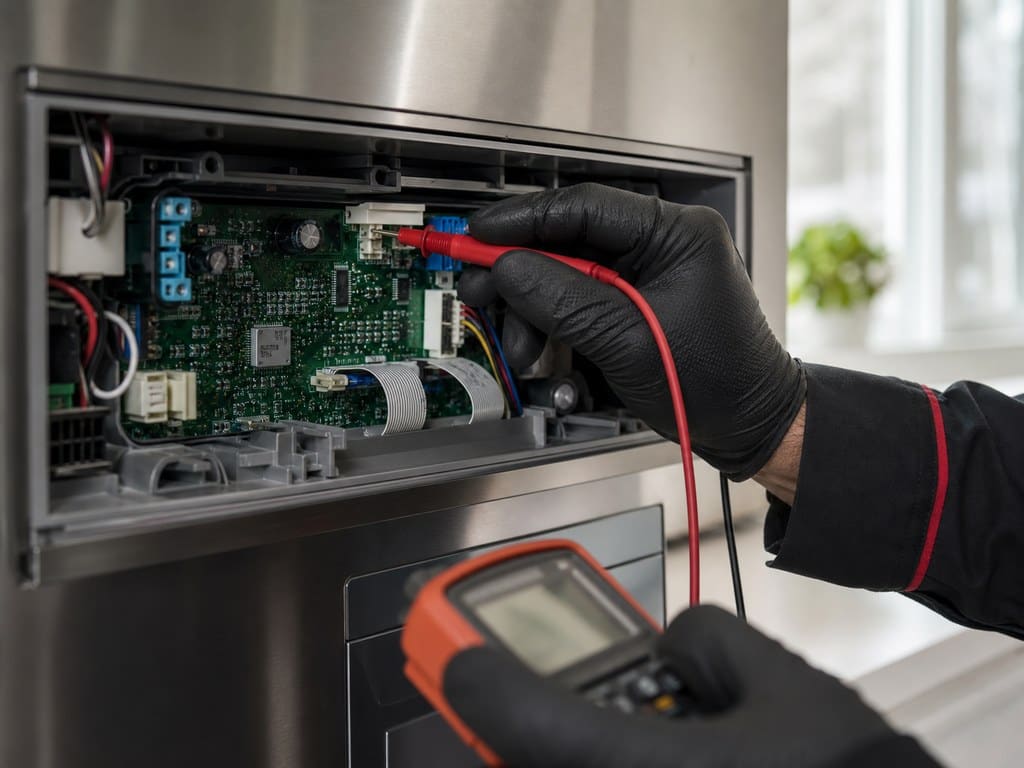 Technician testing a Sub-Zero control board with a multimeter