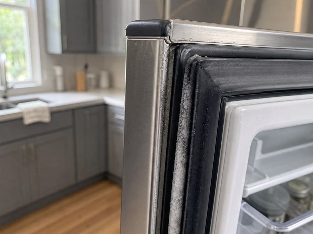 Worn door gasket with frost line on a stainless Sub-Zero built-in