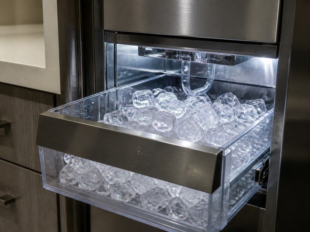 Sub-Zero clear-ice maker full of ice with the bin pulled out