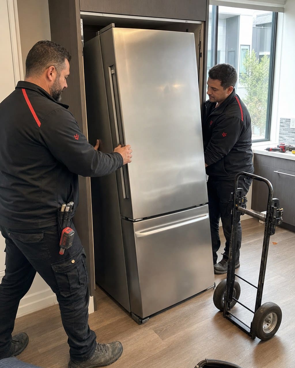 Two technicians sliding a built-in Sub-Zero out of its cabinet in a Santa Clara home