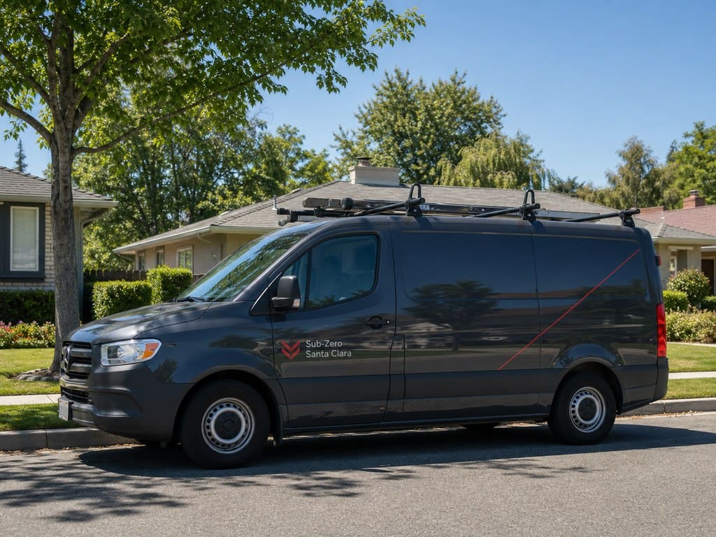 Sub-Zero Santa Clara service van on a tree-lined Santa Clara residential street