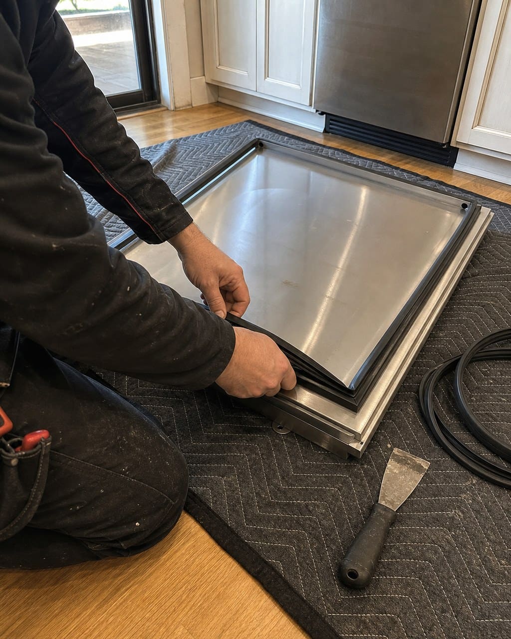 Technician fitting a new Sub-Zero door gasket on a kitchen floor in an older Santa Clara Old Quad home