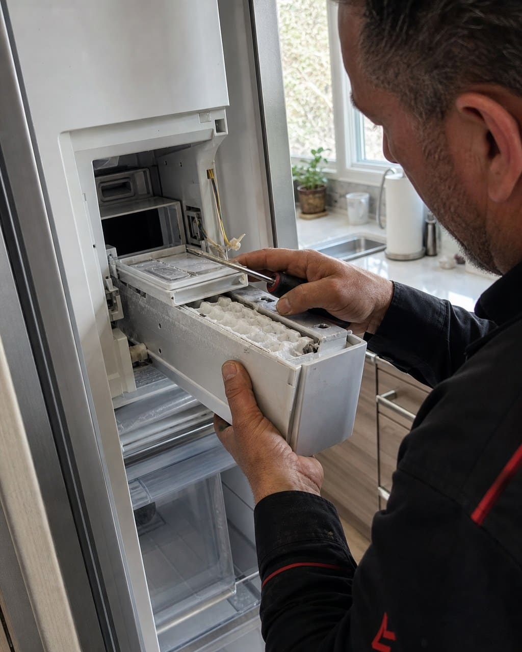 Technician inspecting a Sub-Zero water line and drain during a Santa Clara leak repair